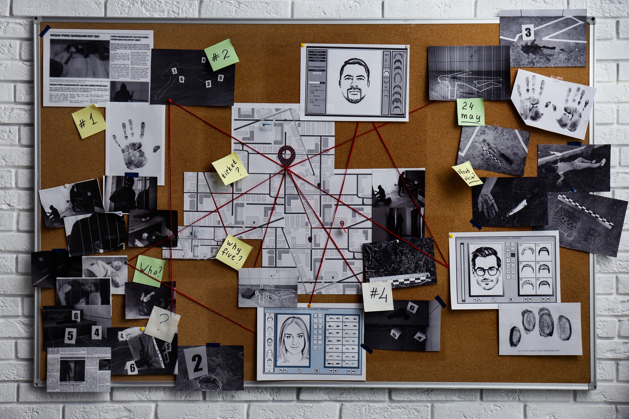 Detective,Board,With,Fingerprints,,Photos,,Map,And,Clues,Connected,By